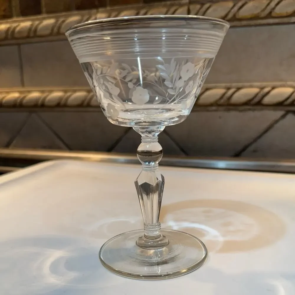 Libbey Rock Sharpe Champagne Tall Sherbet‎ Glasses w/Cut Flowers Banded $/each